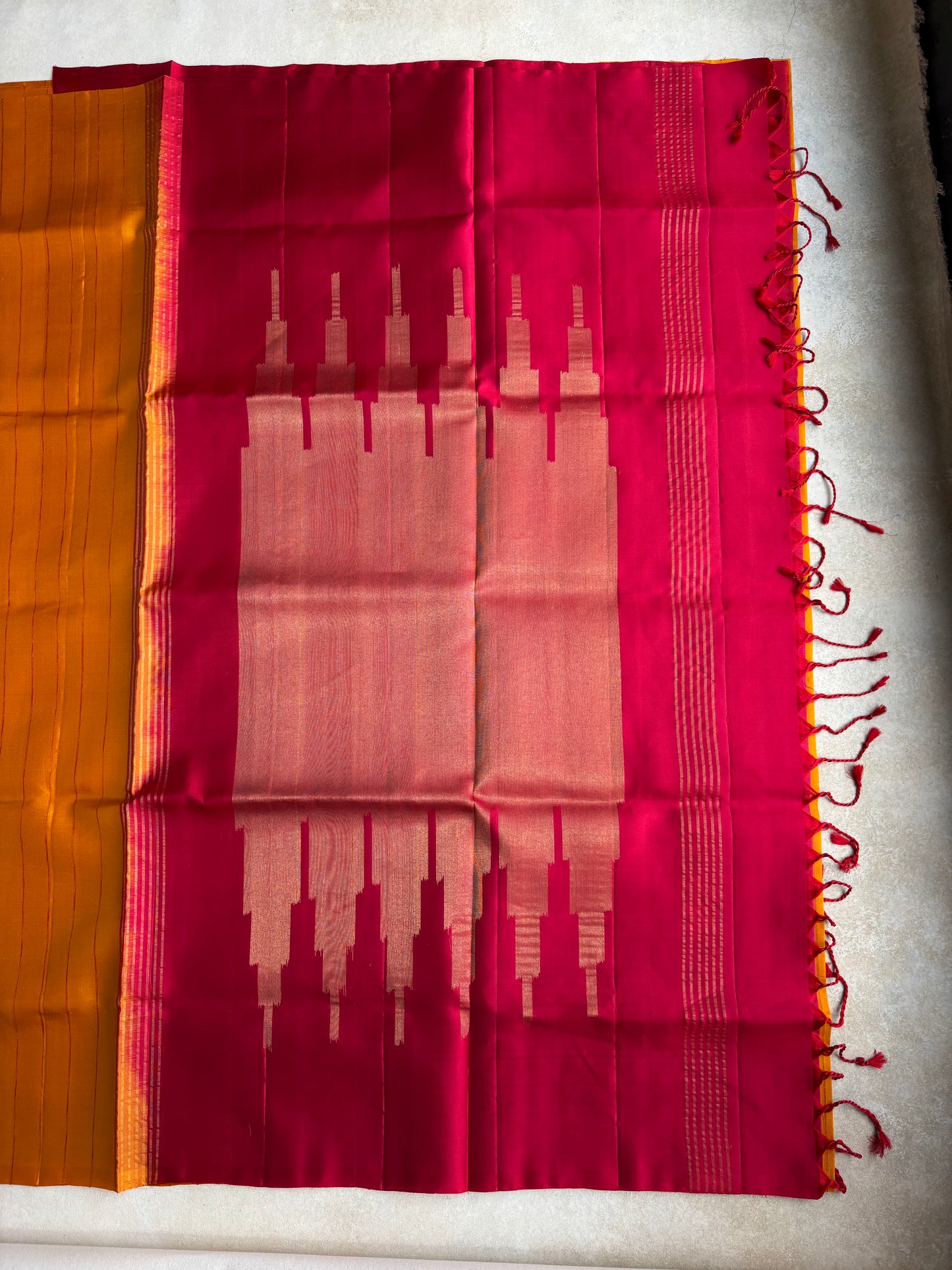 Mustard Silk Saree with Red Zari Pallu