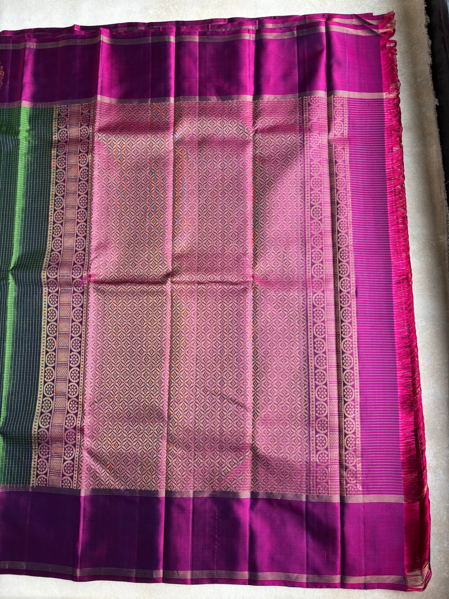 Green Silk Saree with Magenta Border and Check Pattern