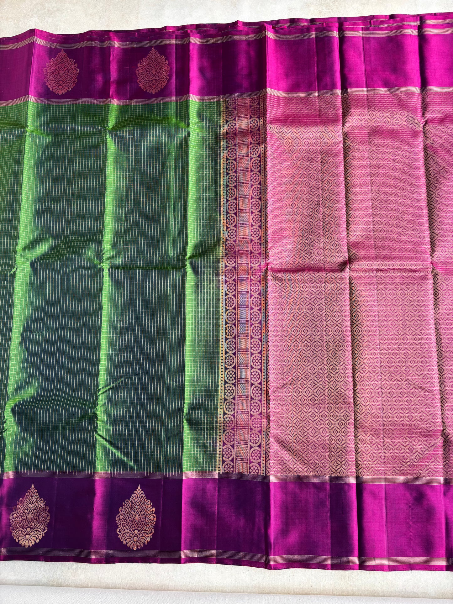 Green Silk Saree with Magenta Border and Check Pattern