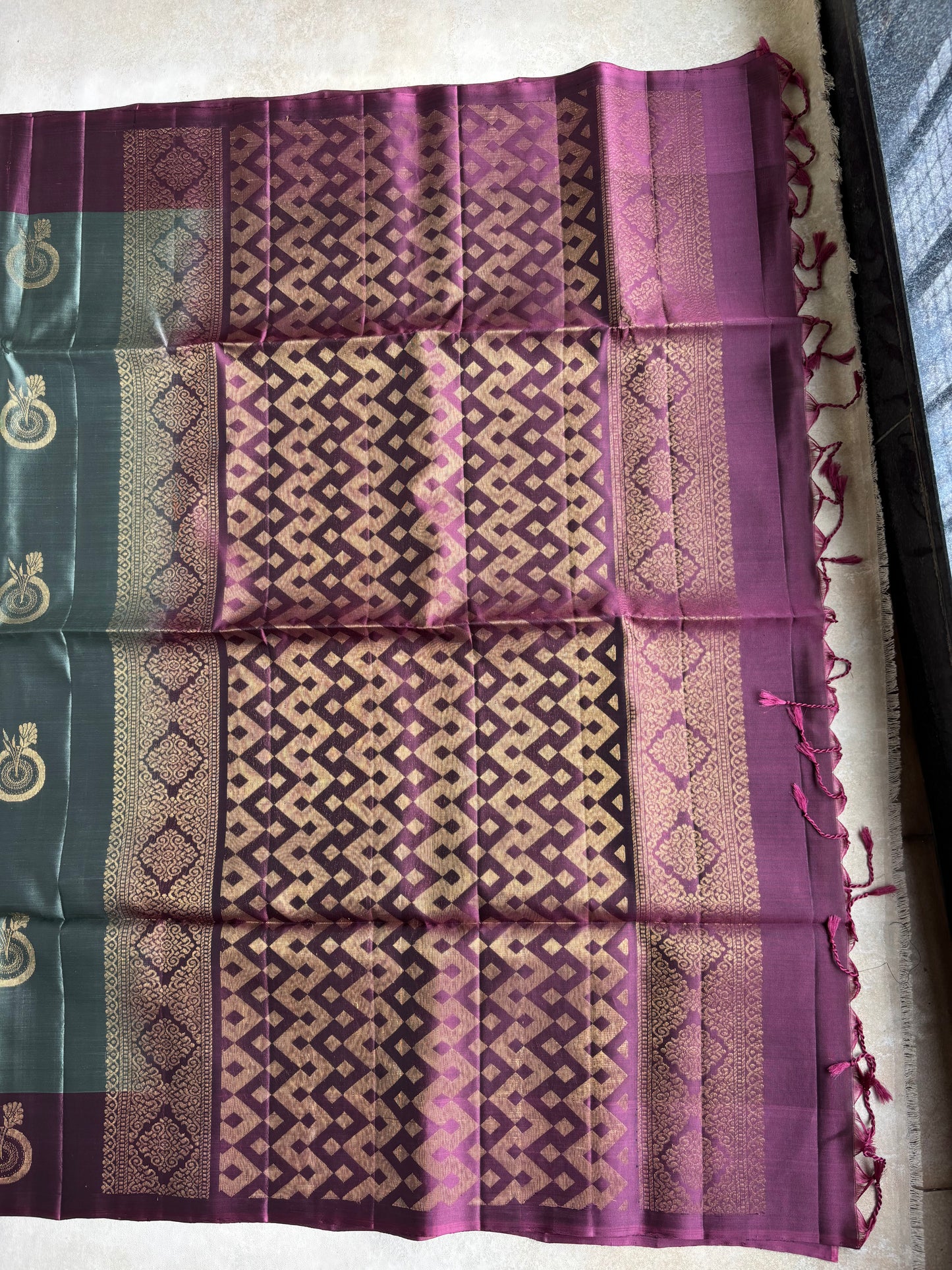 Dual Tone Sage Green & Deep Plum Handwoven Silk Saree with Heritage Zari Motifs