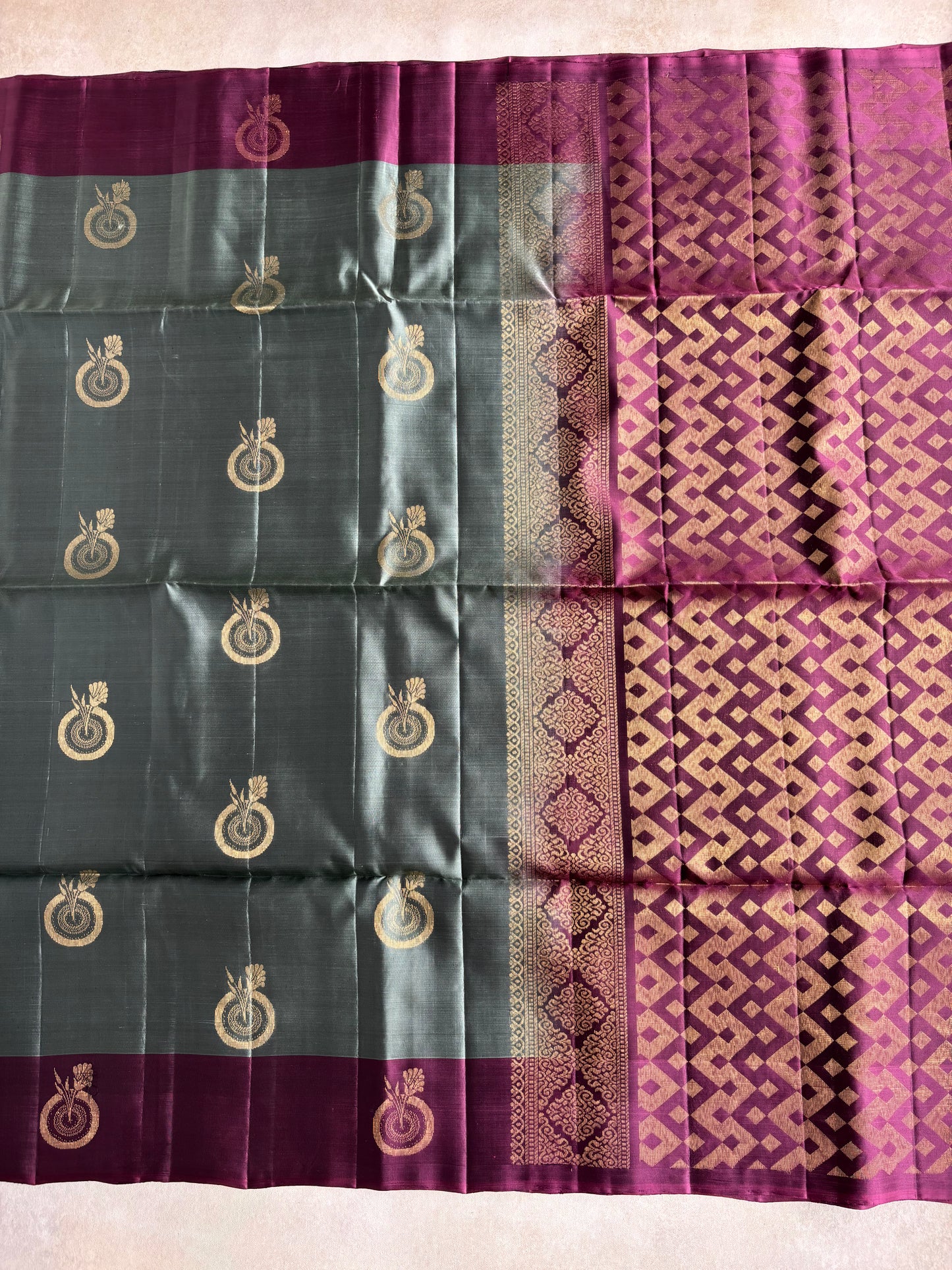 Dual Tone Sage Green & Deep Plum Handwoven Silk Saree with Heritage Zari Motifs