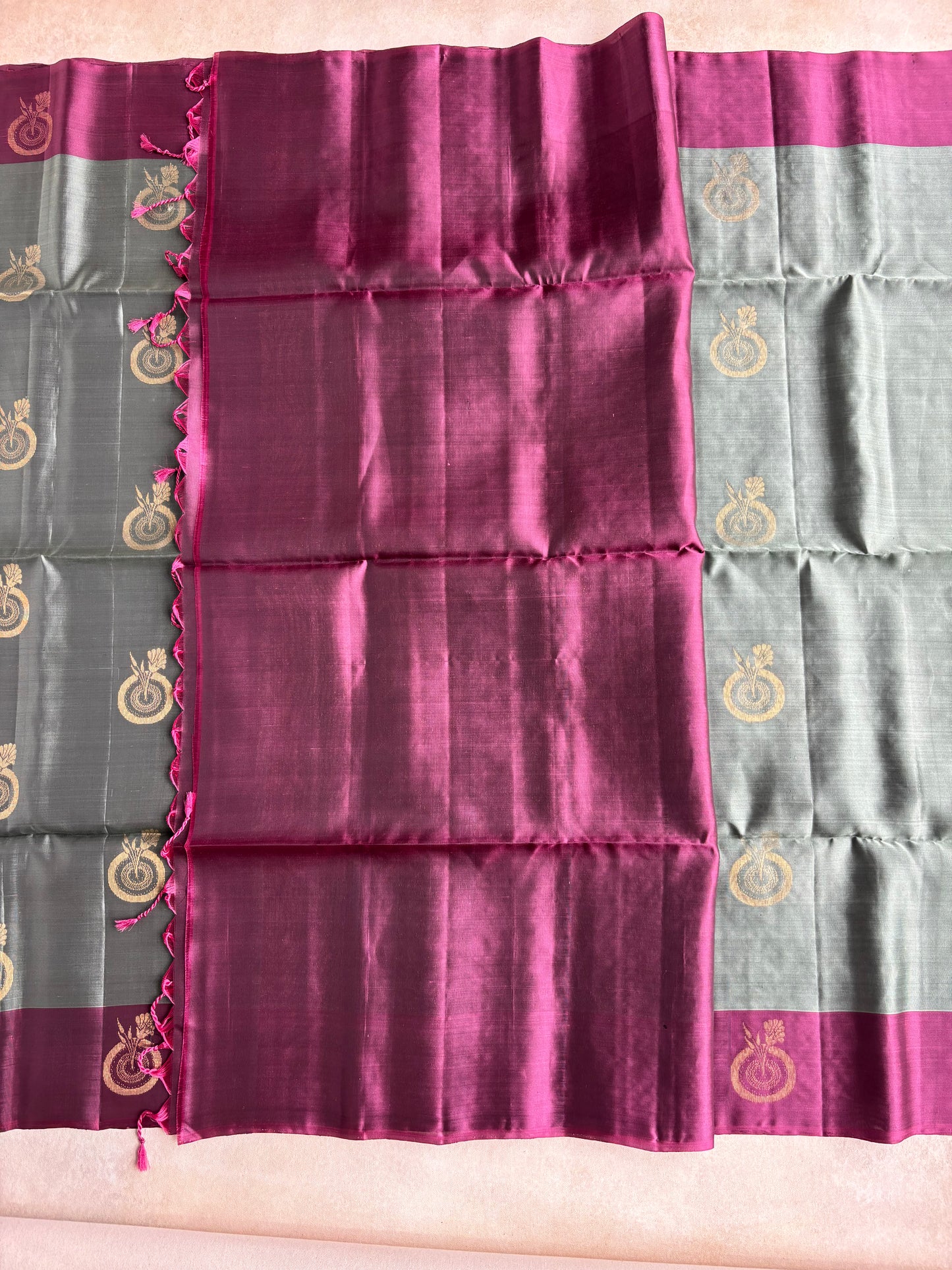 Dual Tone Sage Green & Deep Plum Handwoven Silk Saree with Heritage Zari Motifs