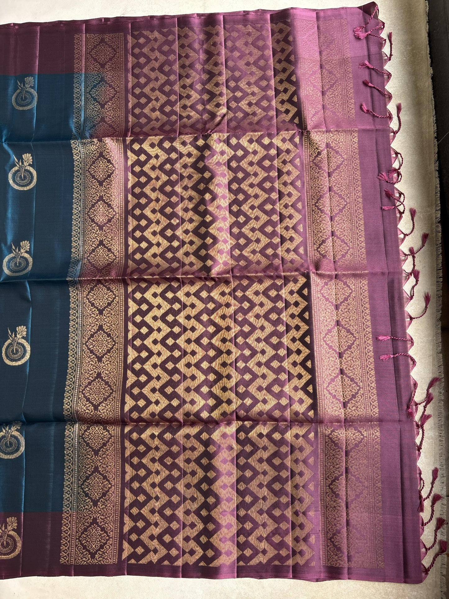 Dual Tone Midnight Blue & Royal Plum Handwoven Silk Saree with Heritage Zari Motifs
