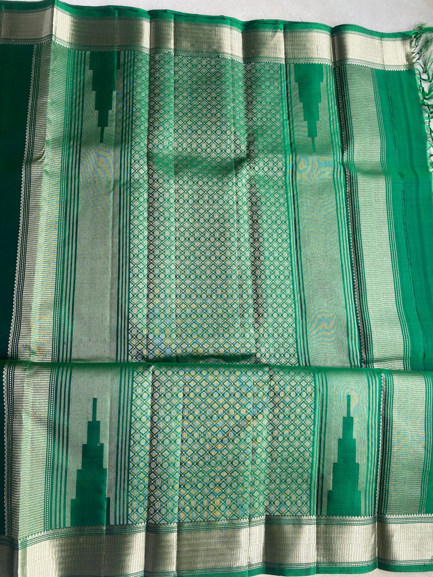Emerald Green Silk Saree with Gandaberunda Zari Motifs