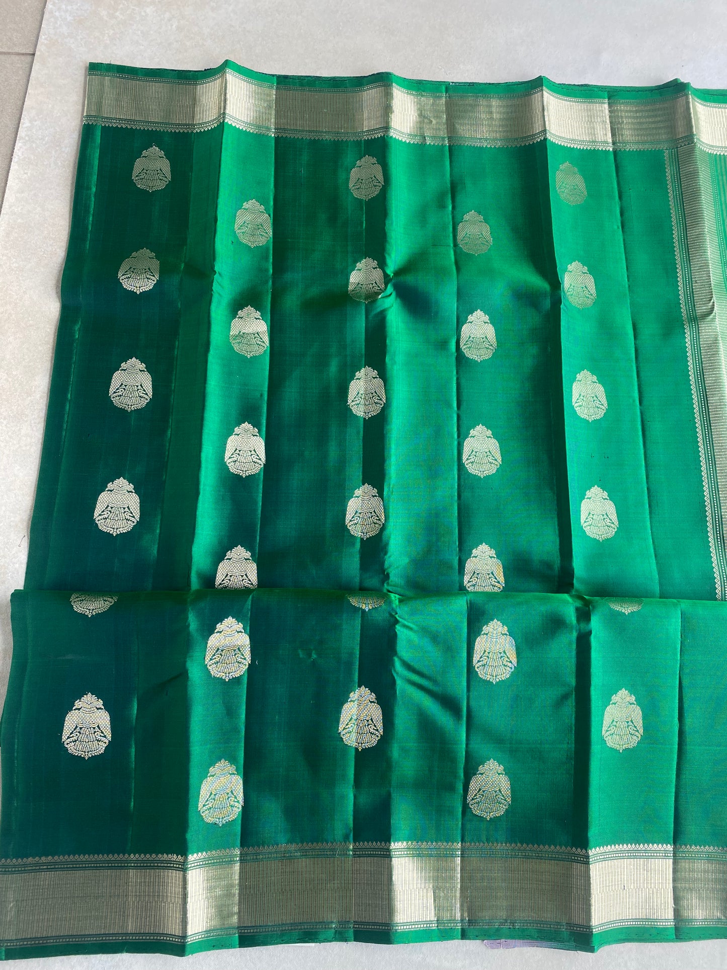 Emerald Green Silk Saree with Gandaberunda Zari Motifs