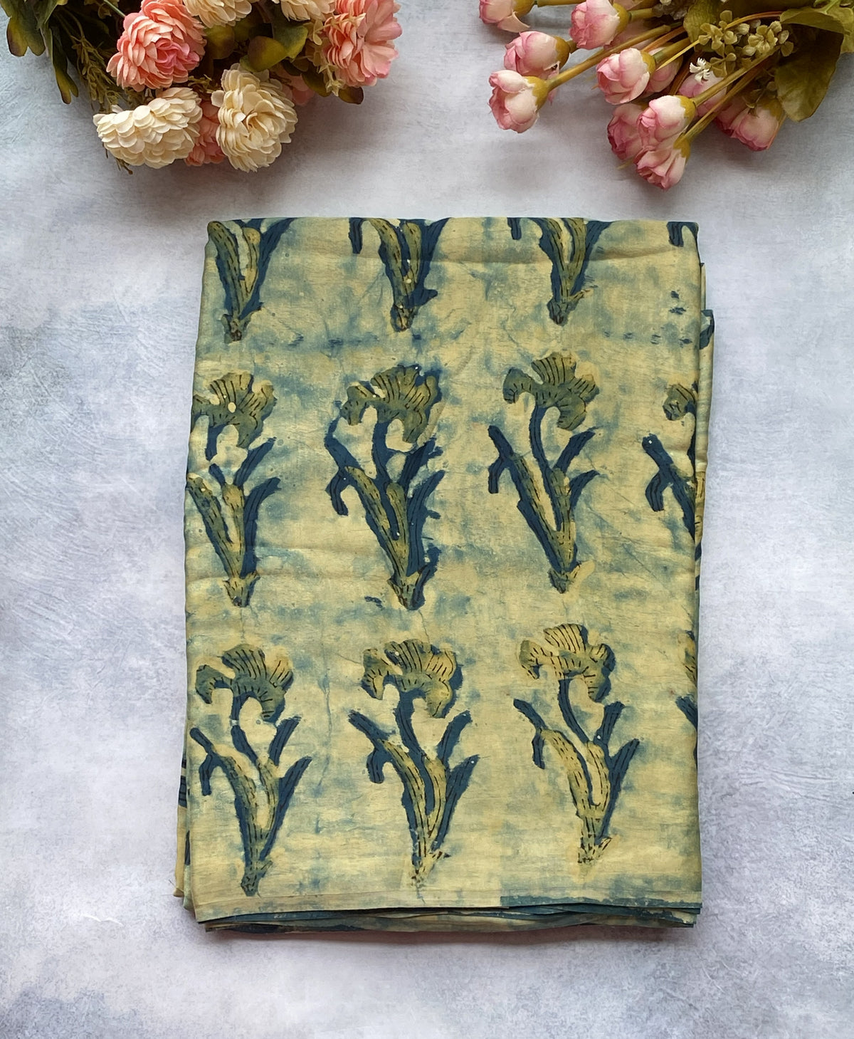 Pastel Pistachio Ajrakh Modal Silk Saree – Vanaspati Handblock Print