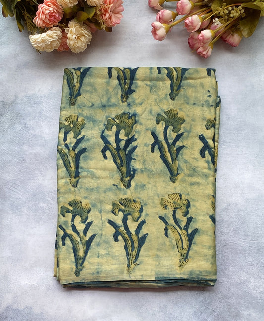 Pastel Pistachio Ajrakh Modal Silk Saree – Vanaspati Handblock Print
