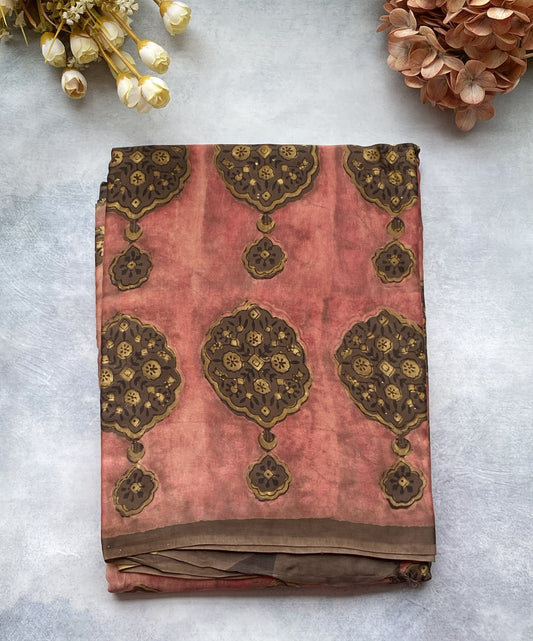 Dusty Rose Ajrakh Modal Silk Saree – Vanaspati Handblock Print