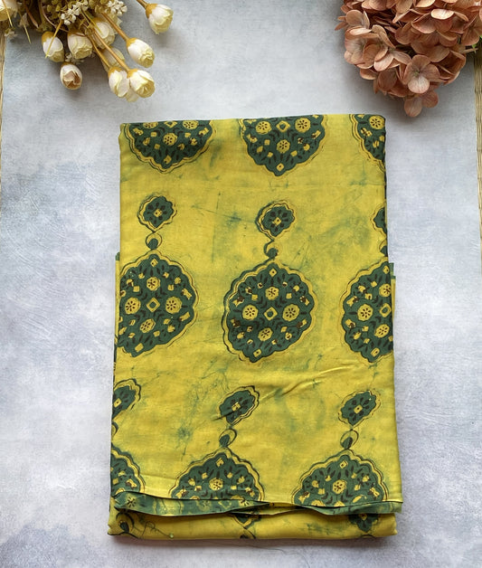 Lime Yellow Ajrakh Modal Silk Saree – Vanaspati Handblock Print