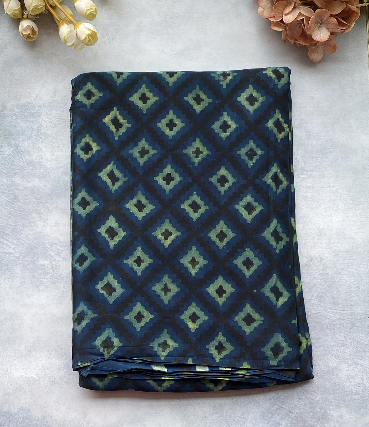 Indigo Geometric Ajrakh Modal Silk Saree – Vanaspati Handblock Print