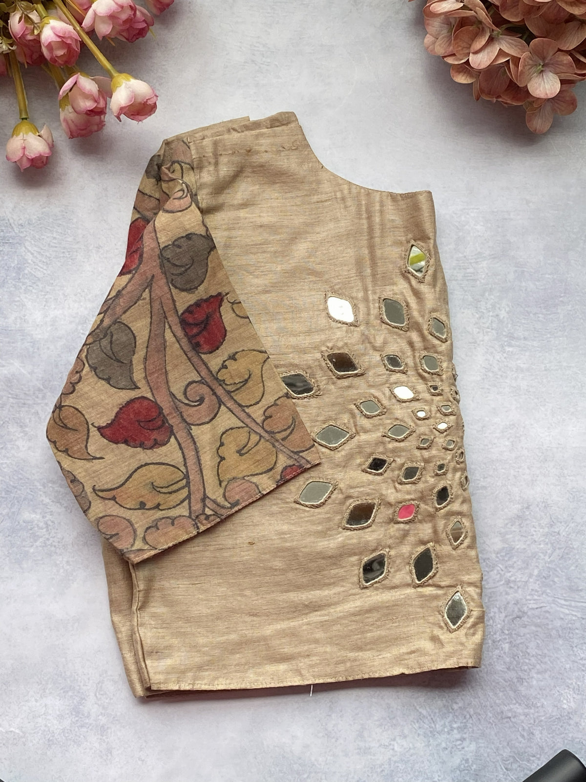 Beige Handcrafted Mirror Work Silk Blouse