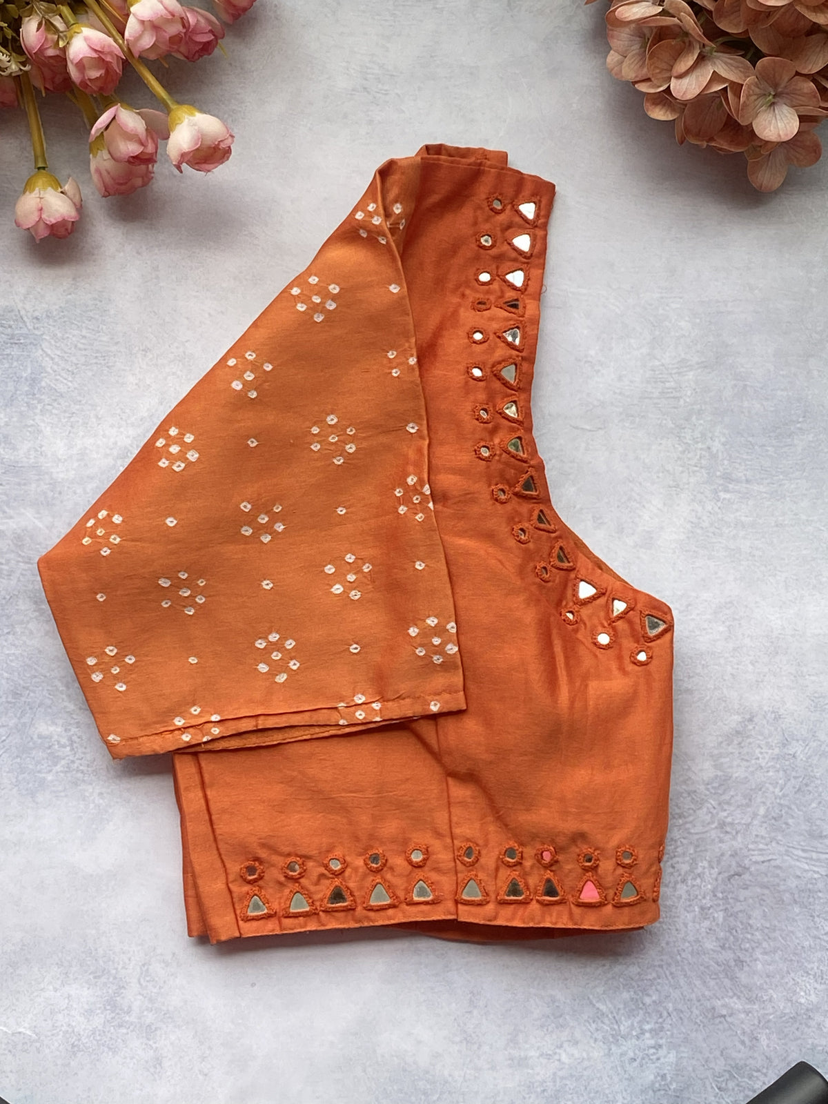 Rust Orange Silk Mirror Work Blouse