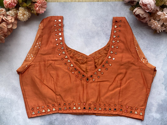 Rust Orange Silk Mirror Work Blouse