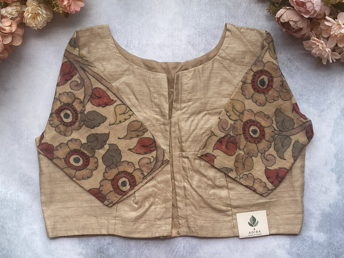 Beige Handcrafted Mirror Work Silk Blouse