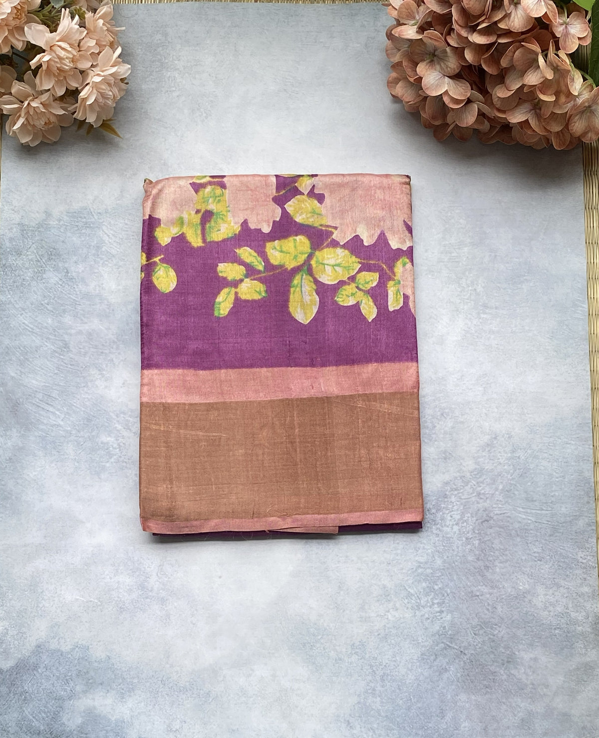 Plum Floral Tussar Silk Saree