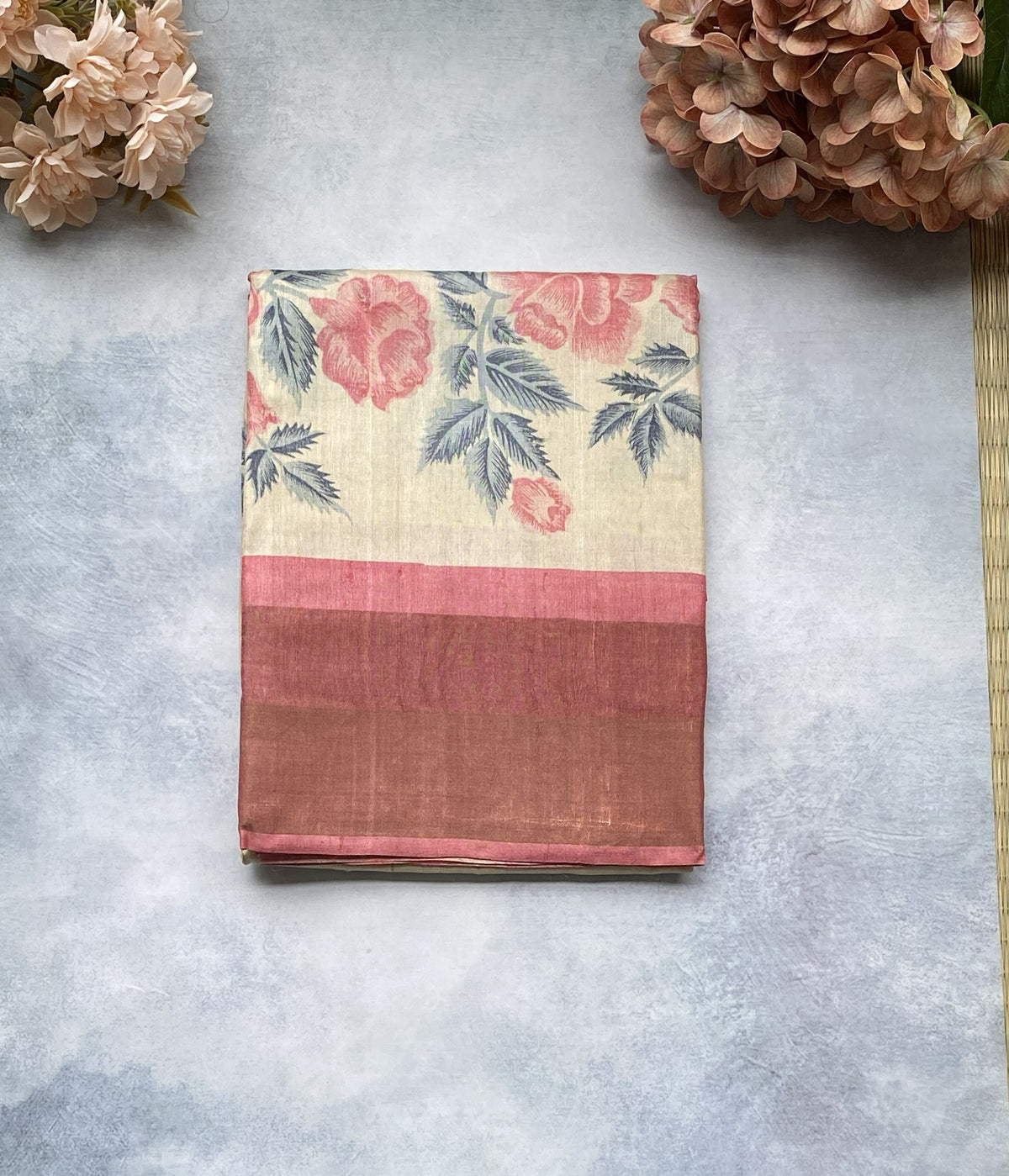 Ivory Rose Print Tussar Silk Saree