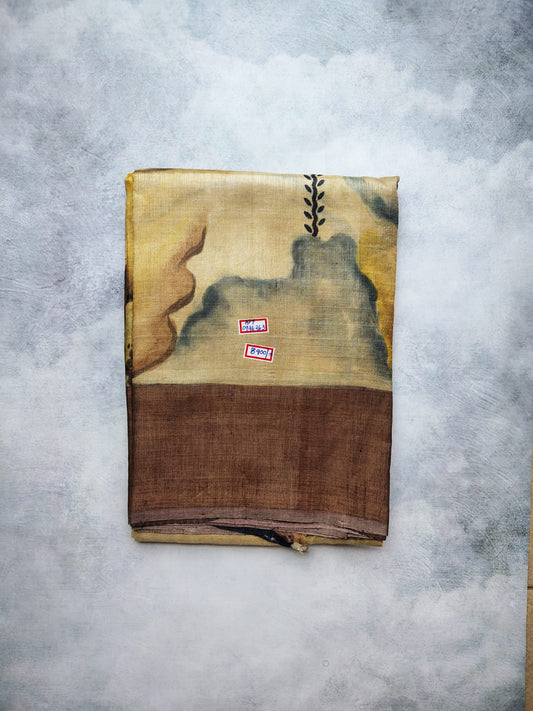 Beige Abstract Painted Tussar Silk Saree with Brown Border
