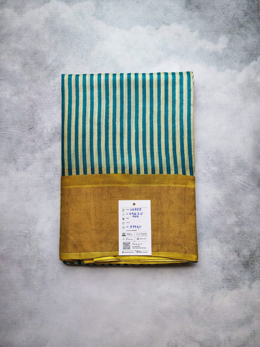 Teal & Cream Striped Tussar Silk Saree with Golden Border