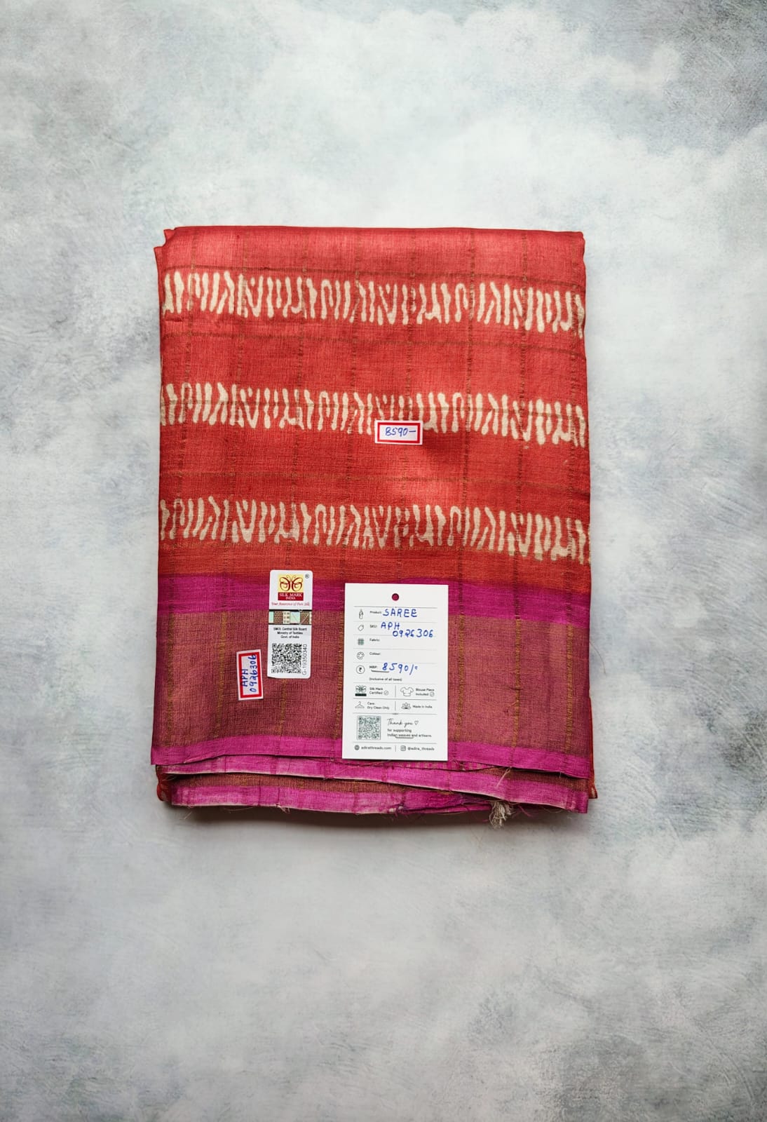 Rust Red Block-Printed Tussar Silk Saree with Magenta Border