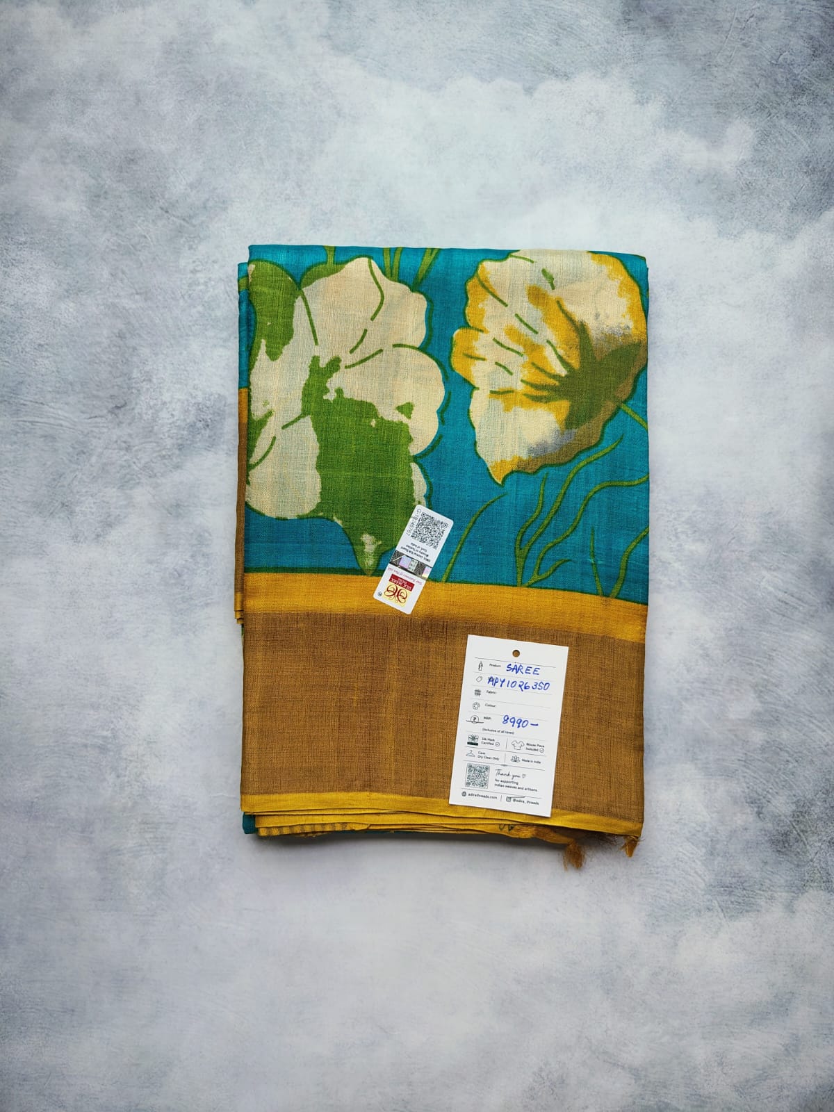 Teal Blue Poppy Print Tussar Silk Saree with Mustard Border