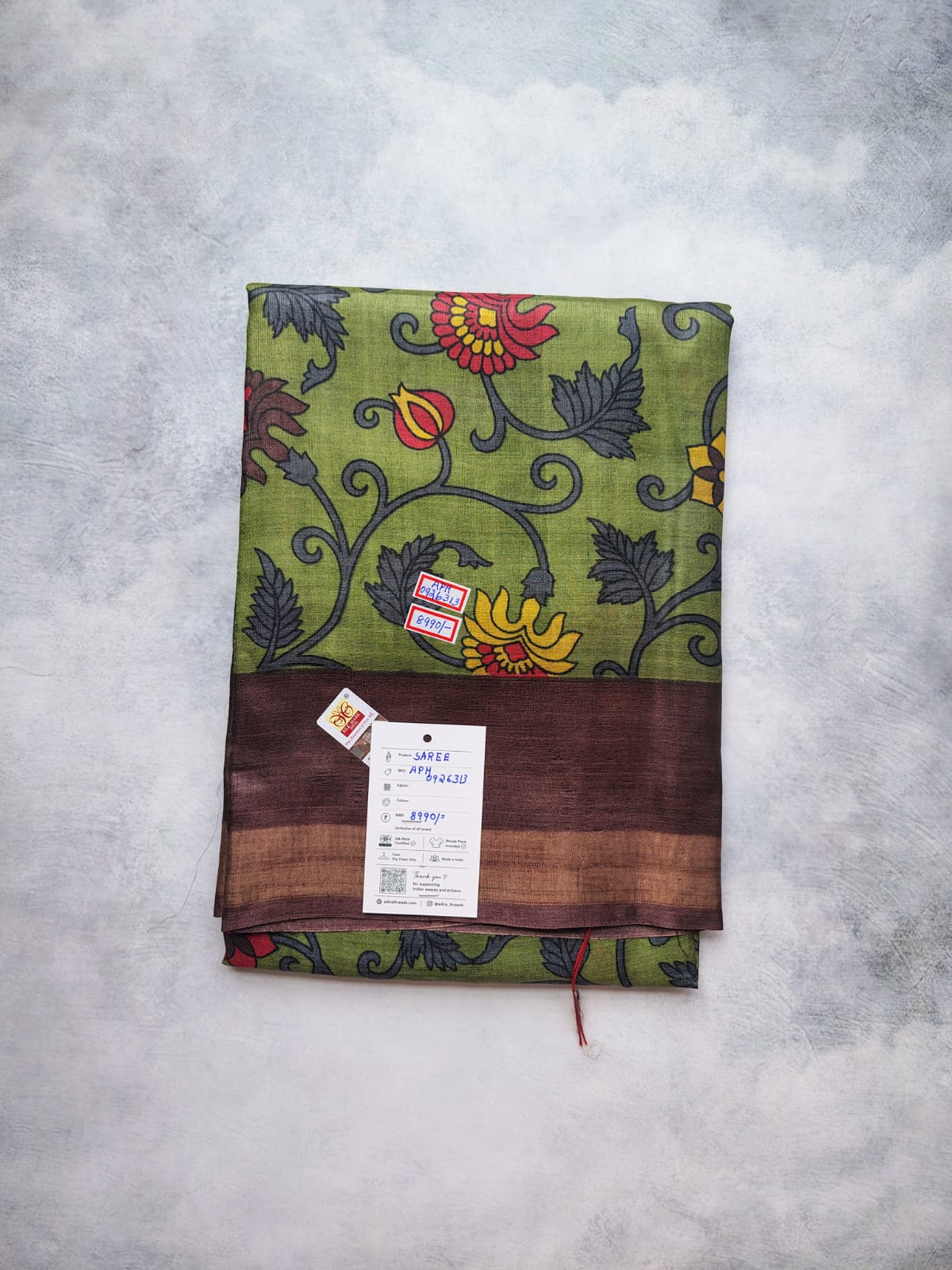 Olive Green Kalamkari Floral Tussar Silk Saree