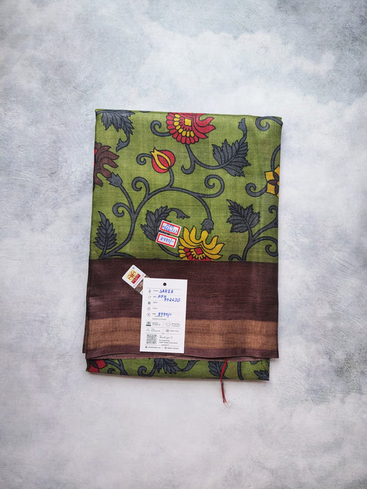 Olive Green Kalamkari Floral Tussar Silk Saree