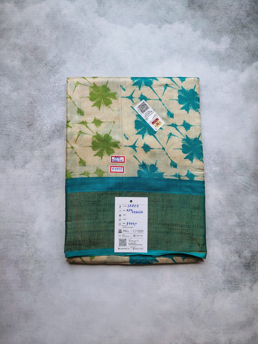 Beige Shibori Floral Tussar Silk Saree with Teal Border
