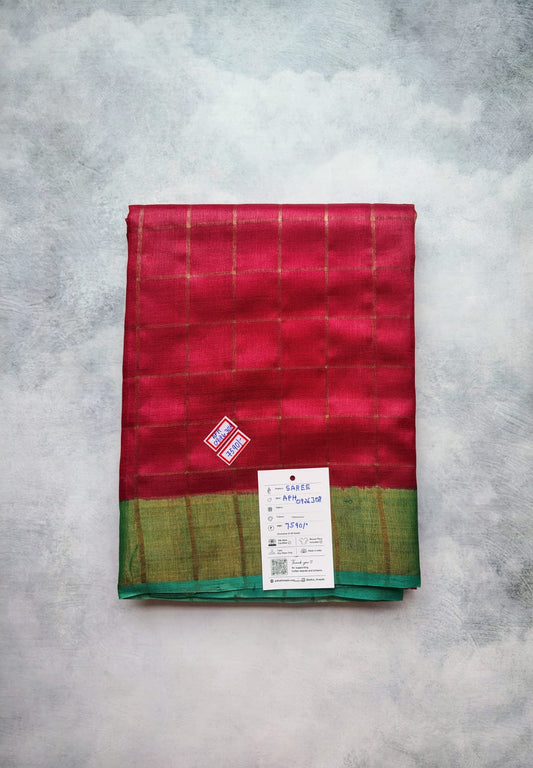 Crimson Red Zari Check Tussar Silk Saree with Green Border