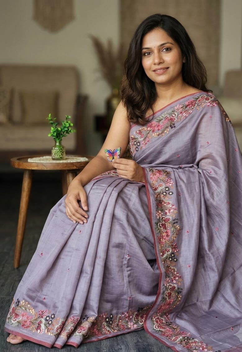 Semi Tussar Butterfly & Duck Heavy Embroidery Saree