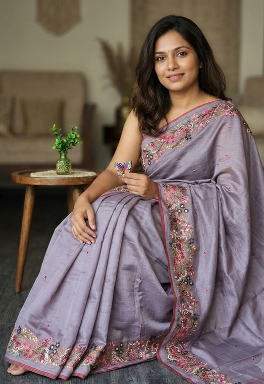 Semi Tussar Butterfly & Duck Heavy Embroidery Saree