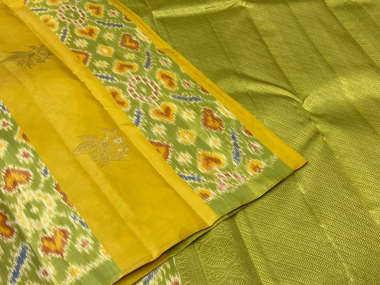 Yellow & Pistachio Green Handwoven Silk Saree with Ikkat Design - Kanchi Silk