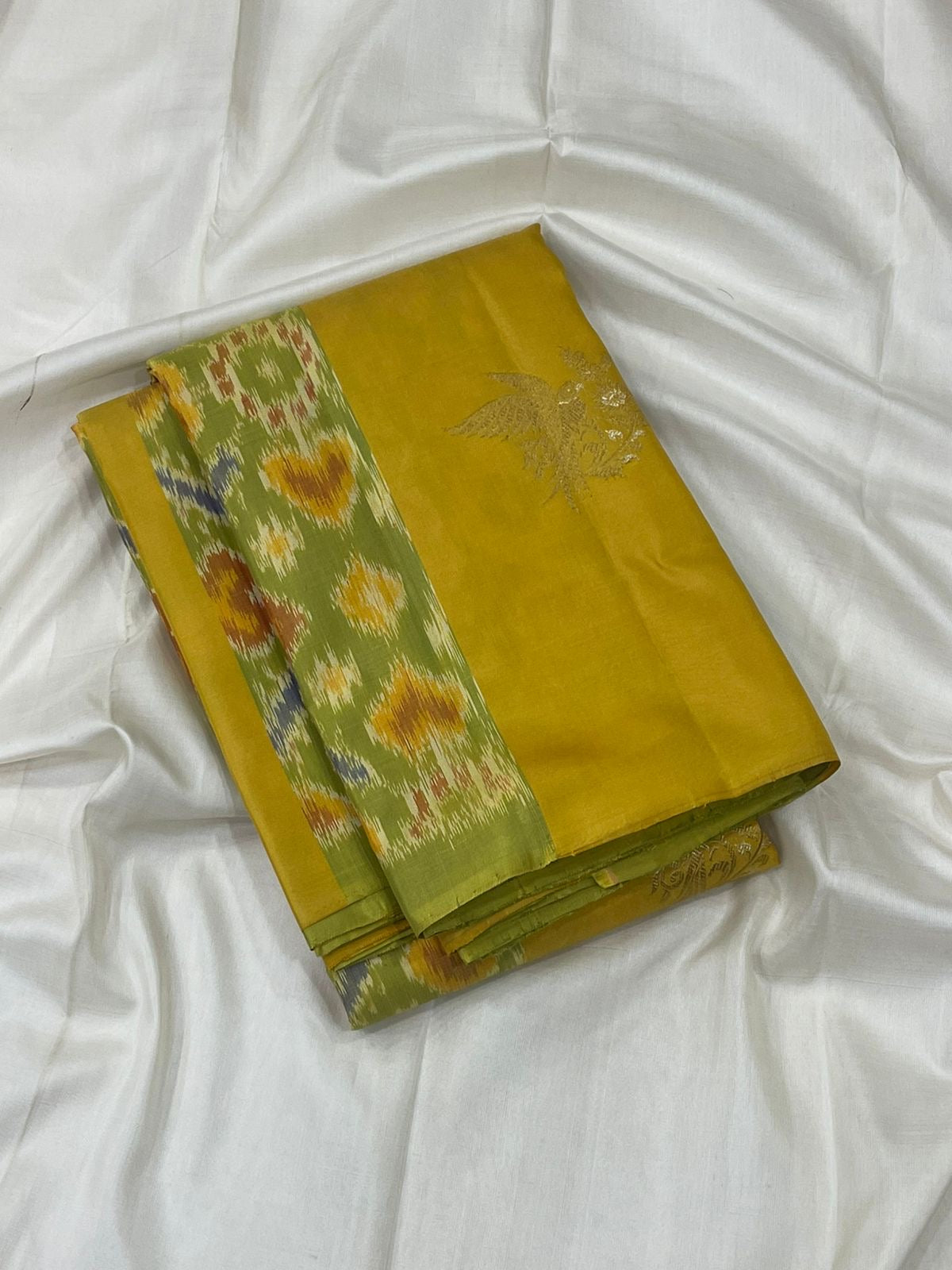 Yellow & Pistachio Green Handwoven Silk Saree with Ikkat Design - Kanchi Silk