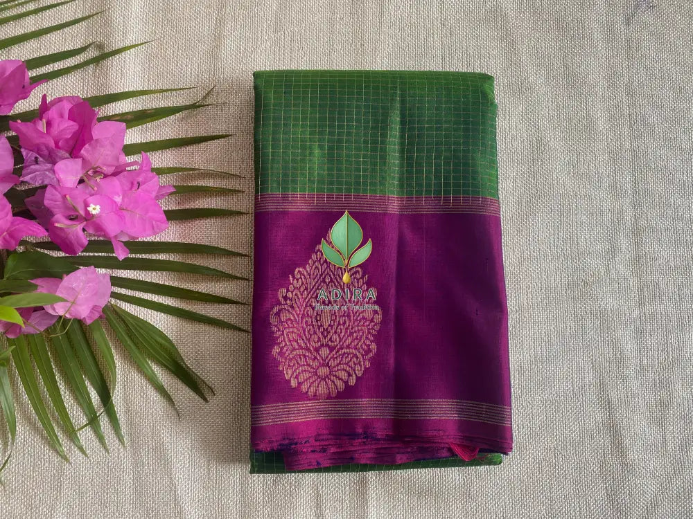 Green Silk Saree with Magenta Border and Check Pattern - Soft silk