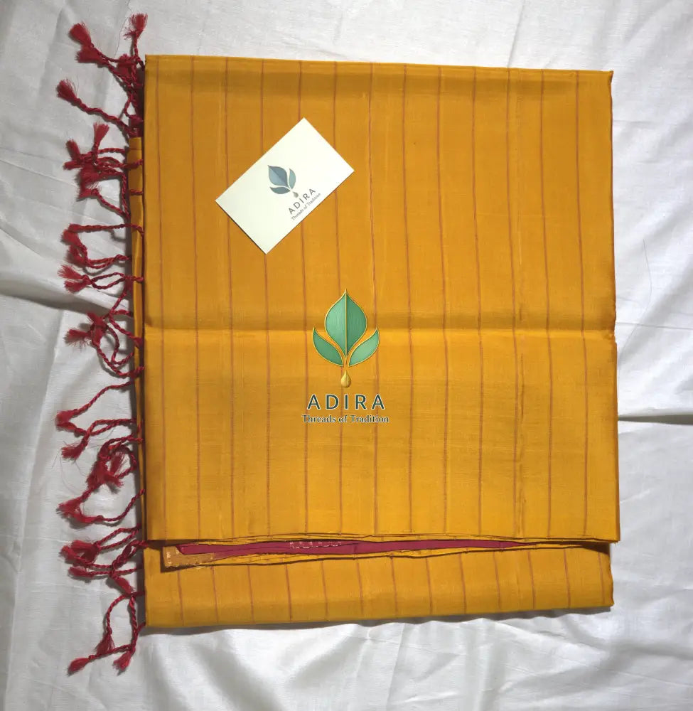 Mustard Silk Saree with Red Zari Pallu - Soft silk