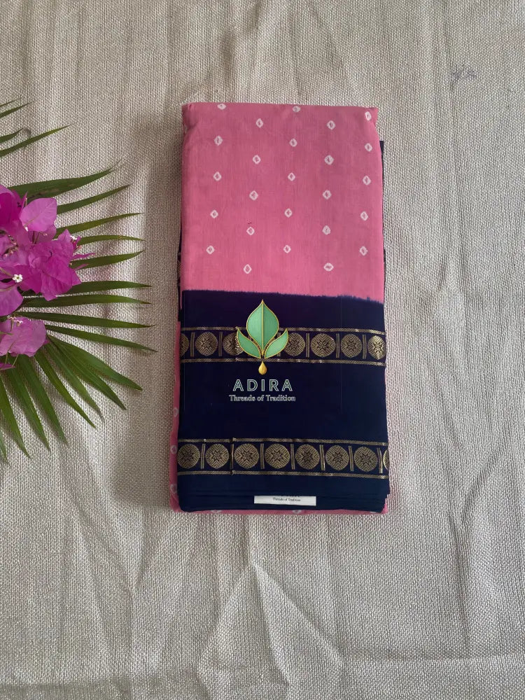 Pink Saree Hand knotted Sungudi On a Hand woven Cotton saree Kaikattu Sungadi - Sungudi