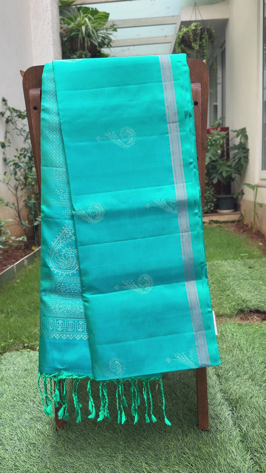 Teal Green Silk Saree with Floral Buttas and Grand Zari Pallu
