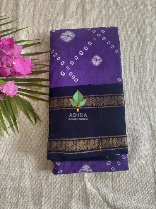 Purple Saree Hand knotted Sungudi On a Hand woven Cotton saree Kaikattu Sungadi - Sungudi